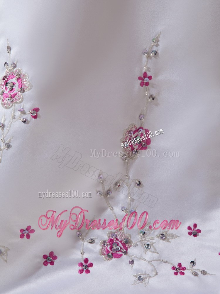 Strapless Sweep Train Dress for Wedding in White with Red Embroideries