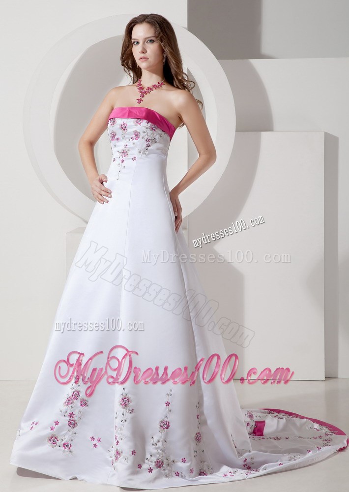 Strapless Sweep Train Dress for Wedding in White with Red Embroideries