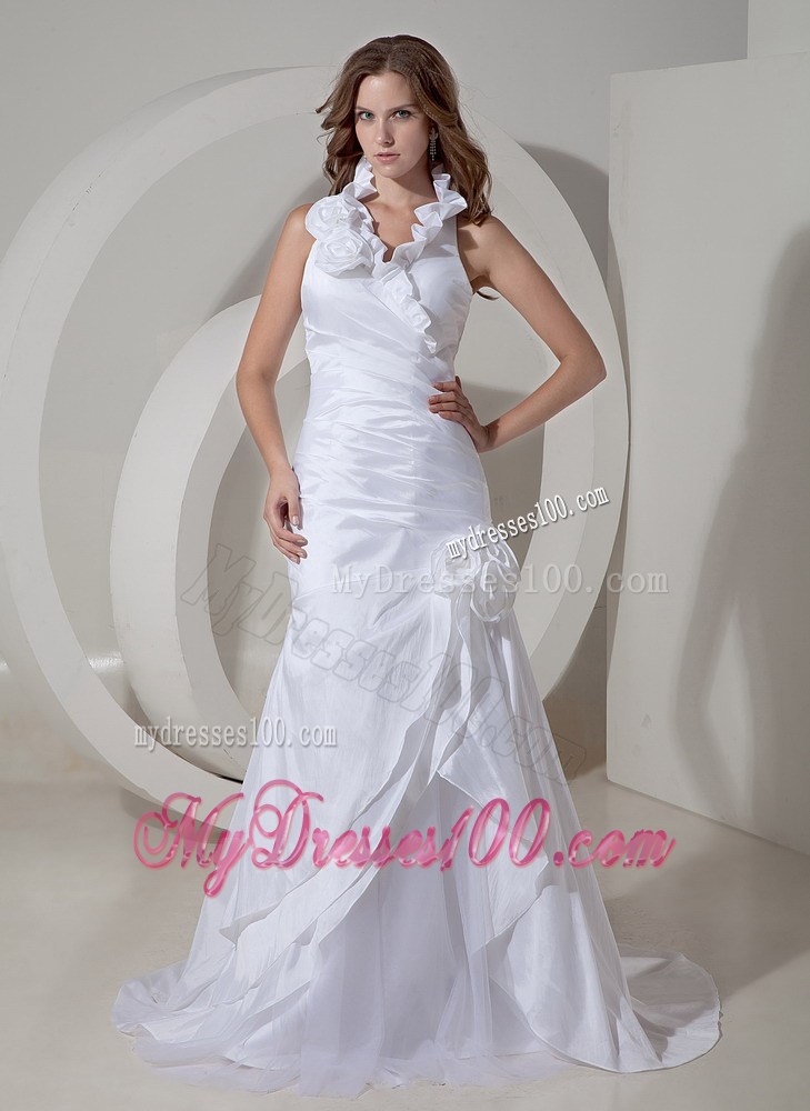 Handmade Flowers Halter Top White Wedding Dress Court Train