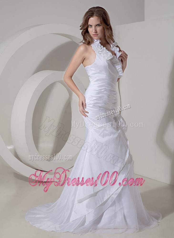 Handmade Flowers Halter Top White Wedding Dress Court Train