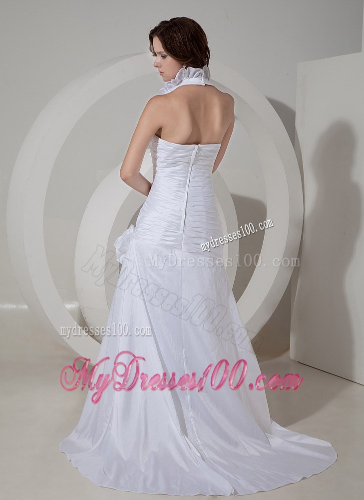 Handmade Flowers Halter Top White Wedding Dress Court Train