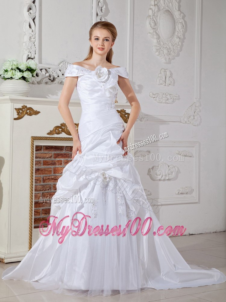 Hand Made Flowers Ruching Off The Shoulder Pick-ups Bridal Dress