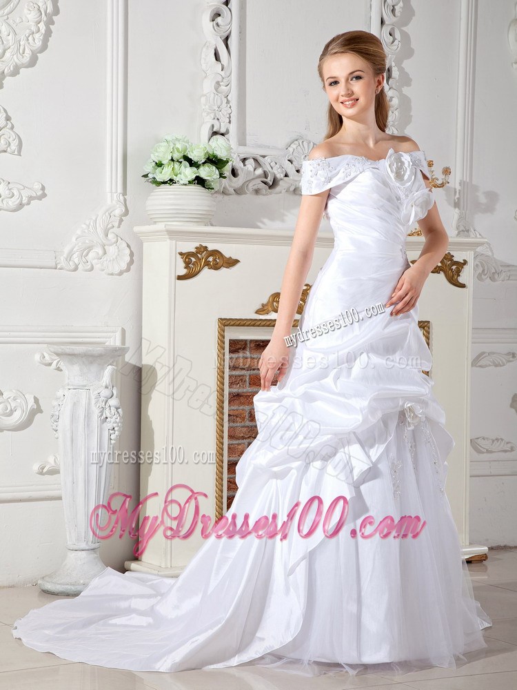 Hand Made Flowers Ruching Off The Shoulder Pick-ups Bridal Dress