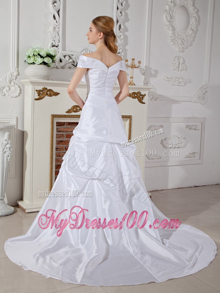 Hand Made Flowers Ruching Off The Shoulder Pick-ups Bridal Dress