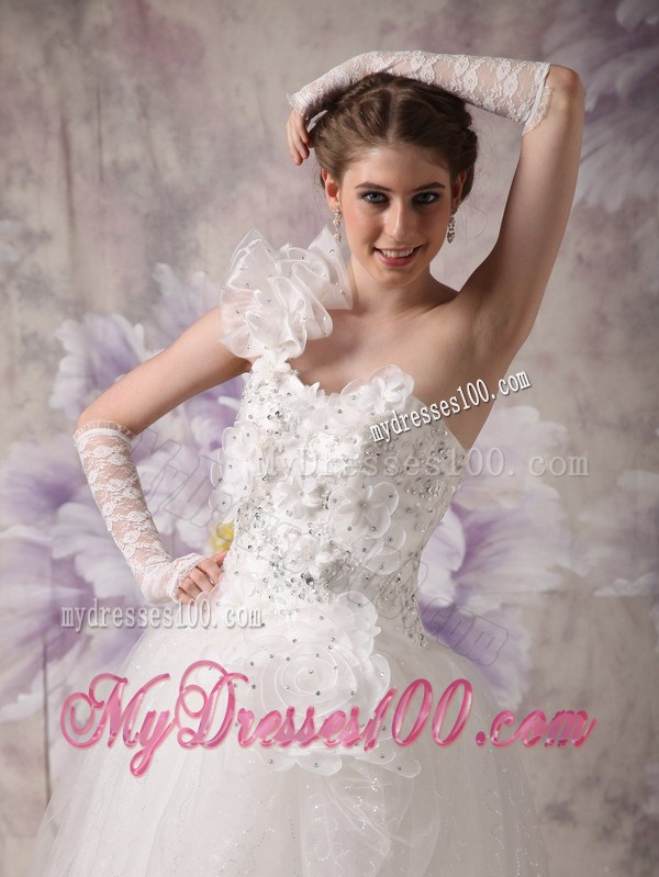 Unique Handmade Flowers Beaded One Shoulder White Wedding Dress