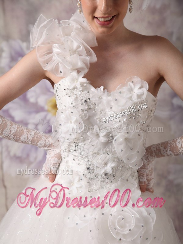 Unique Handmade Flowers Beaded One Shoulder White Wedding Dress