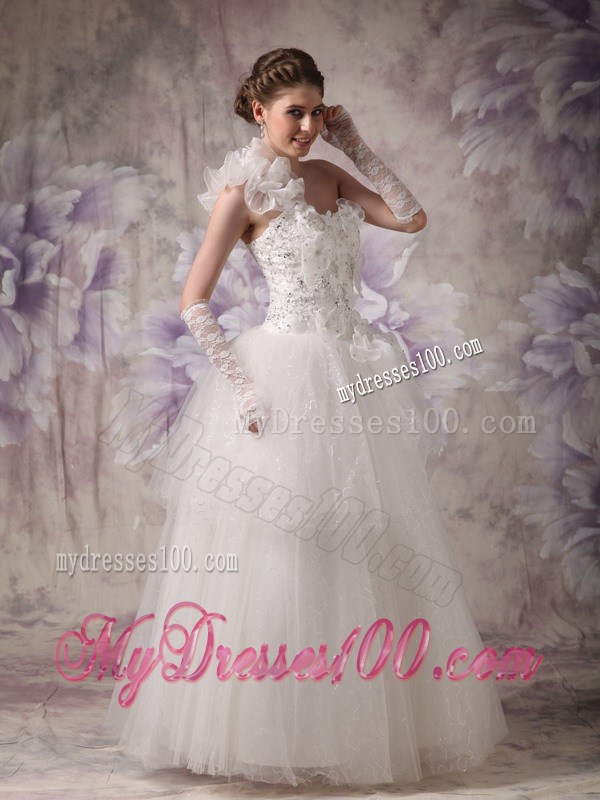 Unique Handmade Flowers Beaded One Shoulder White Wedding Dress