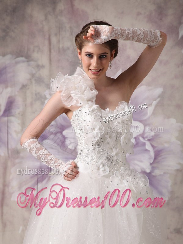 Unique Handmade Flowers Beaded One Shoulder White Wedding Dress