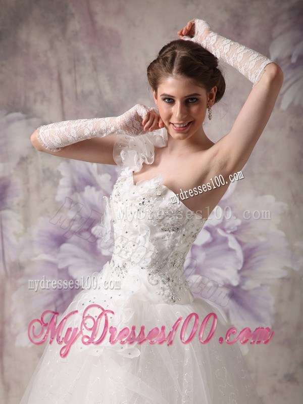 Unique Handmade Flowers Beaded One Shoulder White Wedding Dress
