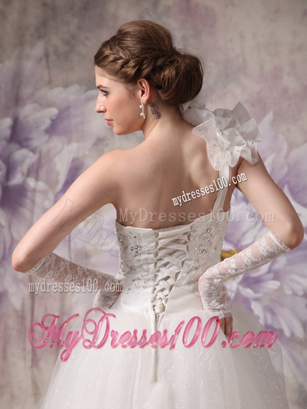 Unique Handmade Flowers Beaded One Shoulder White Wedding Dress