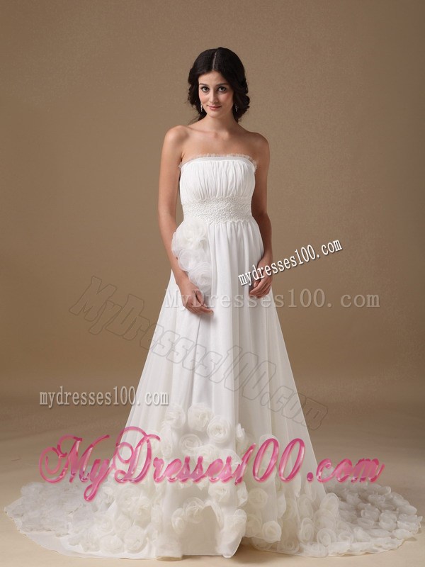 Ruffled Neckline Wedding Dress with Handle Flowers Court Train