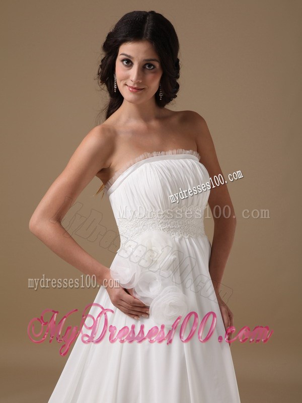 Ruffled Neckline Wedding Dress with Handle Flowers Court Train
