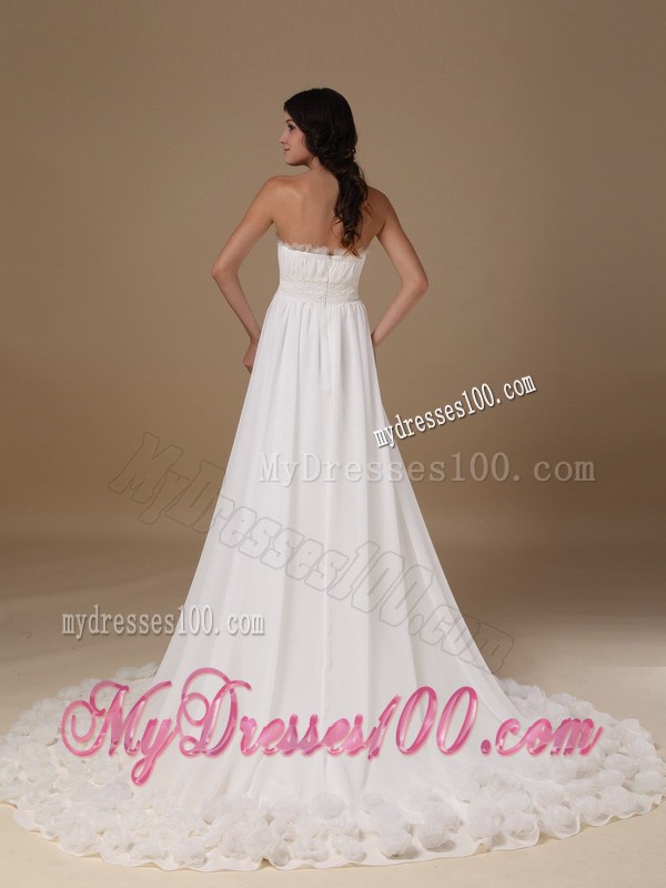 Ruffled Neckline Wedding Dress with Handle Flowers Court Train