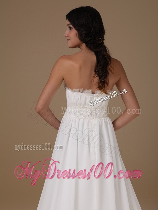 Ruffled Neckline Wedding Dress with Handle Flowers Court Train