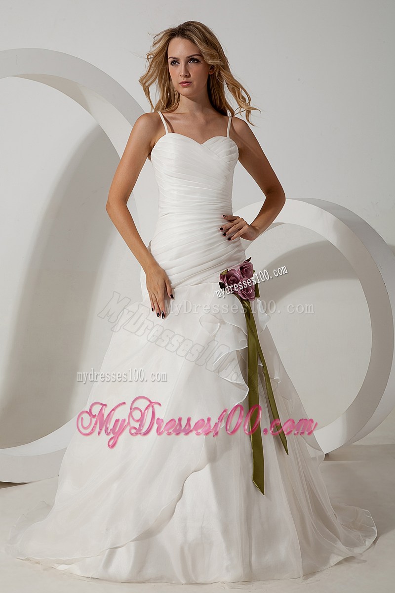 Elegant Straps Brush Train Hand Made Flowers Wedding Dress