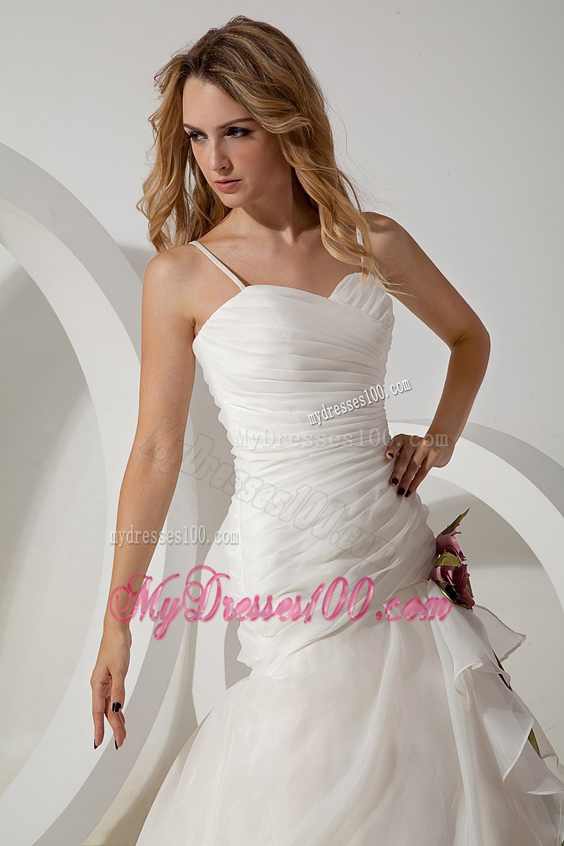 Elegant Straps Brush Train Hand Made Flowers Wedding Dress