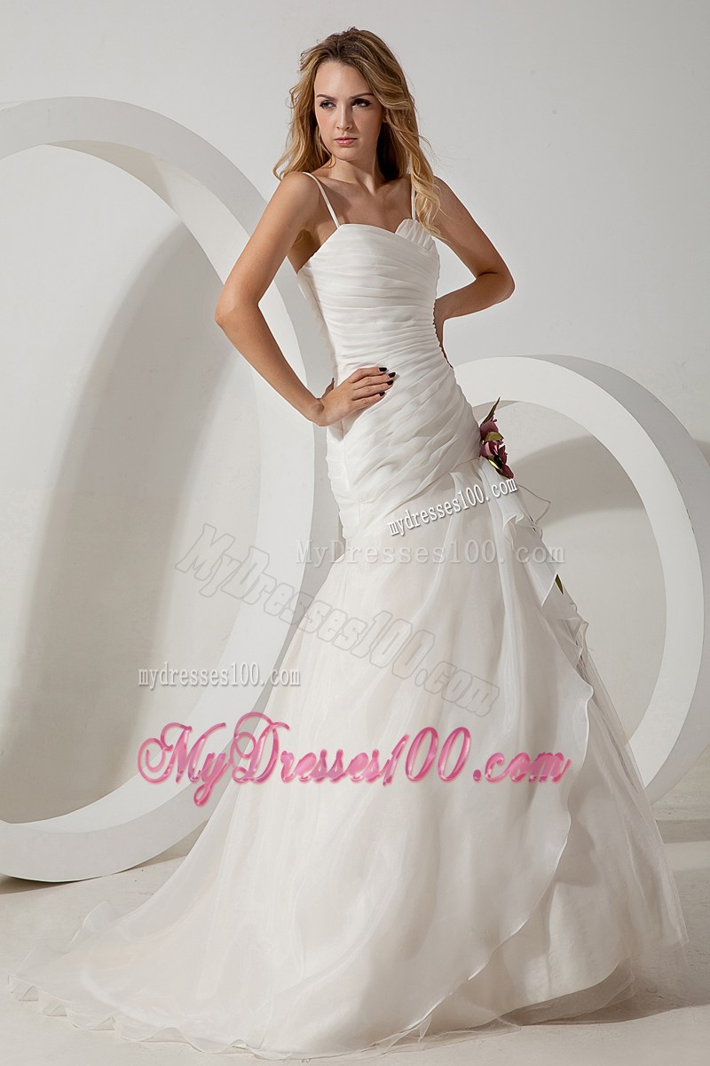 Elegant Straps Brush Train Hand Made Flowers Wedding Dress