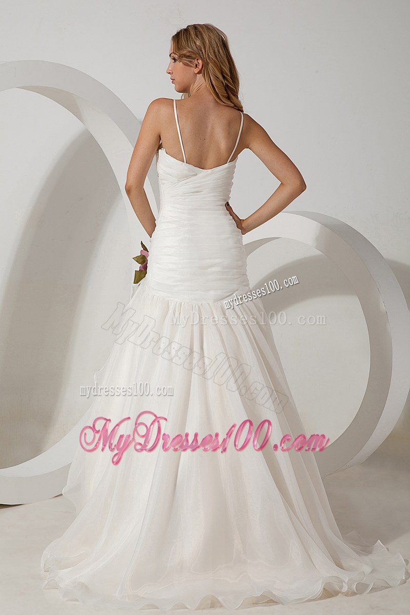 Elegant Straps Brush Train Hand Made Flowers Wedding Dress