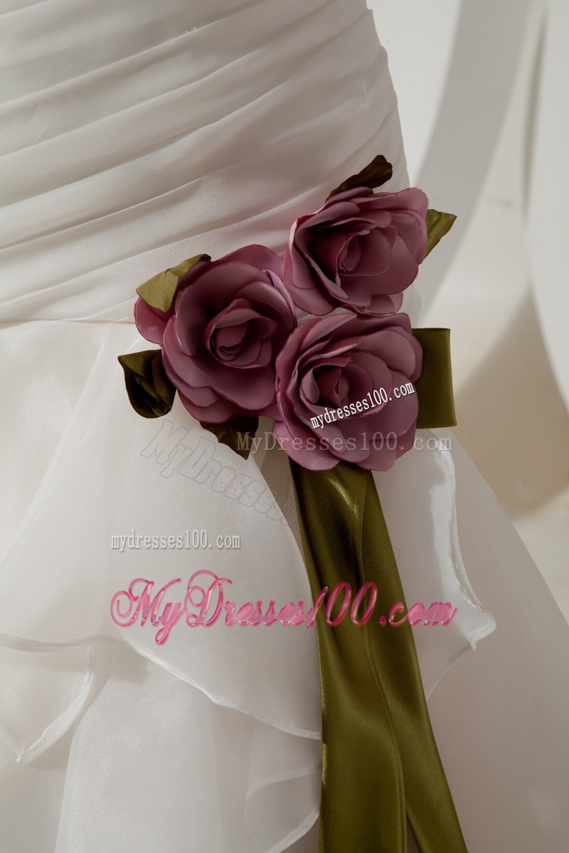 Elegant Straps Brush Train Hand Made Flowers Wedding Dress