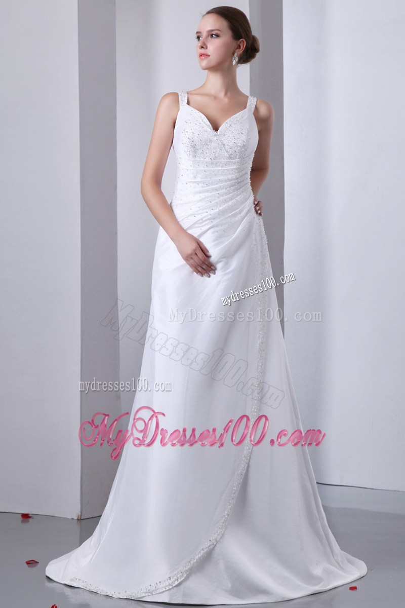 Wide Straps Ruching Brush Train Wedding Dress with Shining Beadings