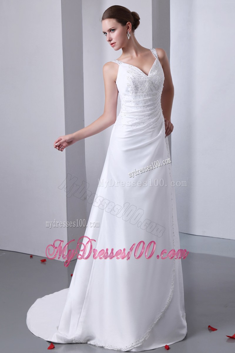 Wide Straps Ruching Brush Train Wedding Dress with Shining Beadings