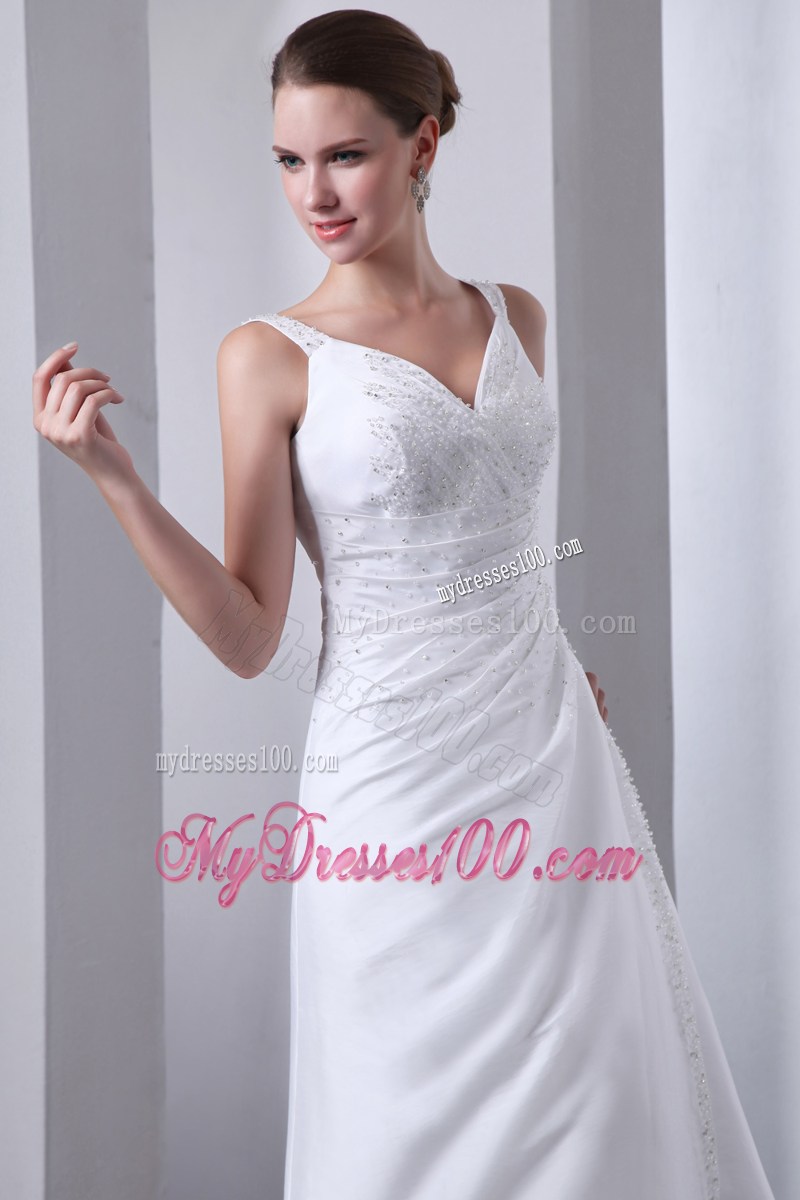 Wide Straps Ruching Brush Train Wedding Dress with Shining Beadings
