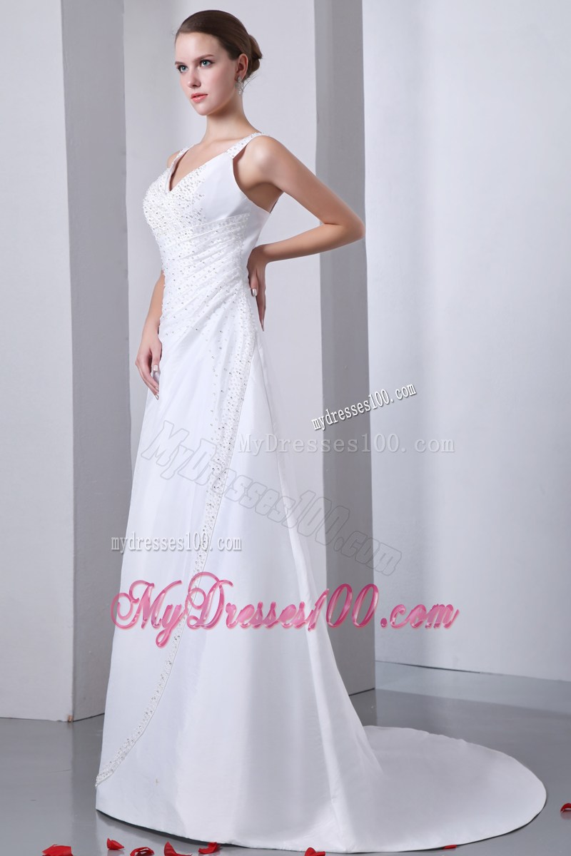 Wide Straps Ruching Brush Train Wedding Dress with Shining Beadings