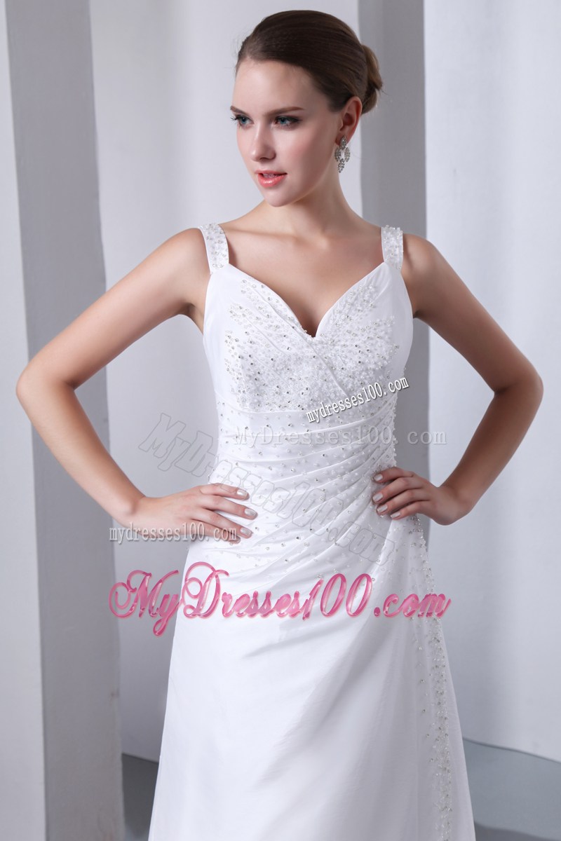 Wide Straps Ruching Brush Train Wedding Dress with Shining Beadings