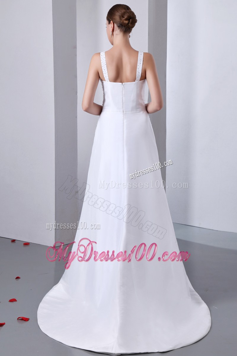 Wide Straps Ruching Brush Train Wedding Dress with Shining Beadings