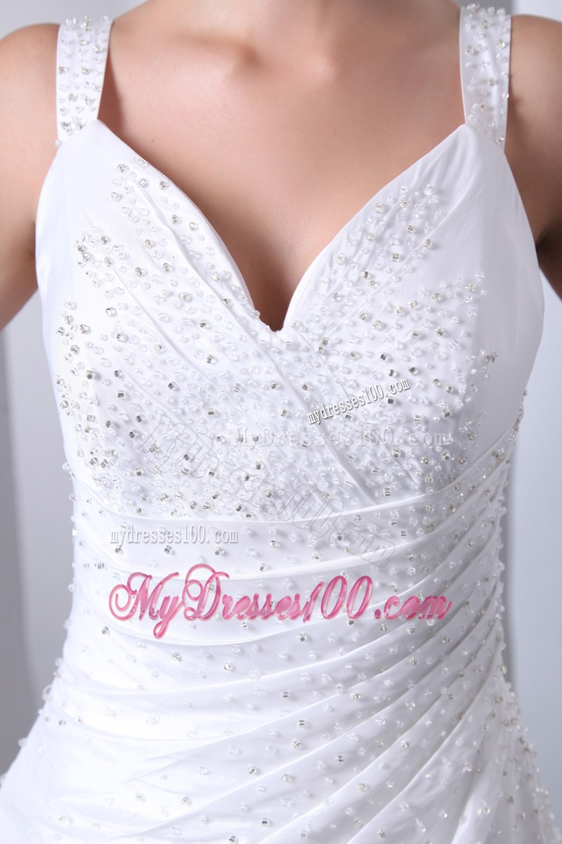 Wide Straps Ruching Brush Train Wedding Dress with Shining Beadings