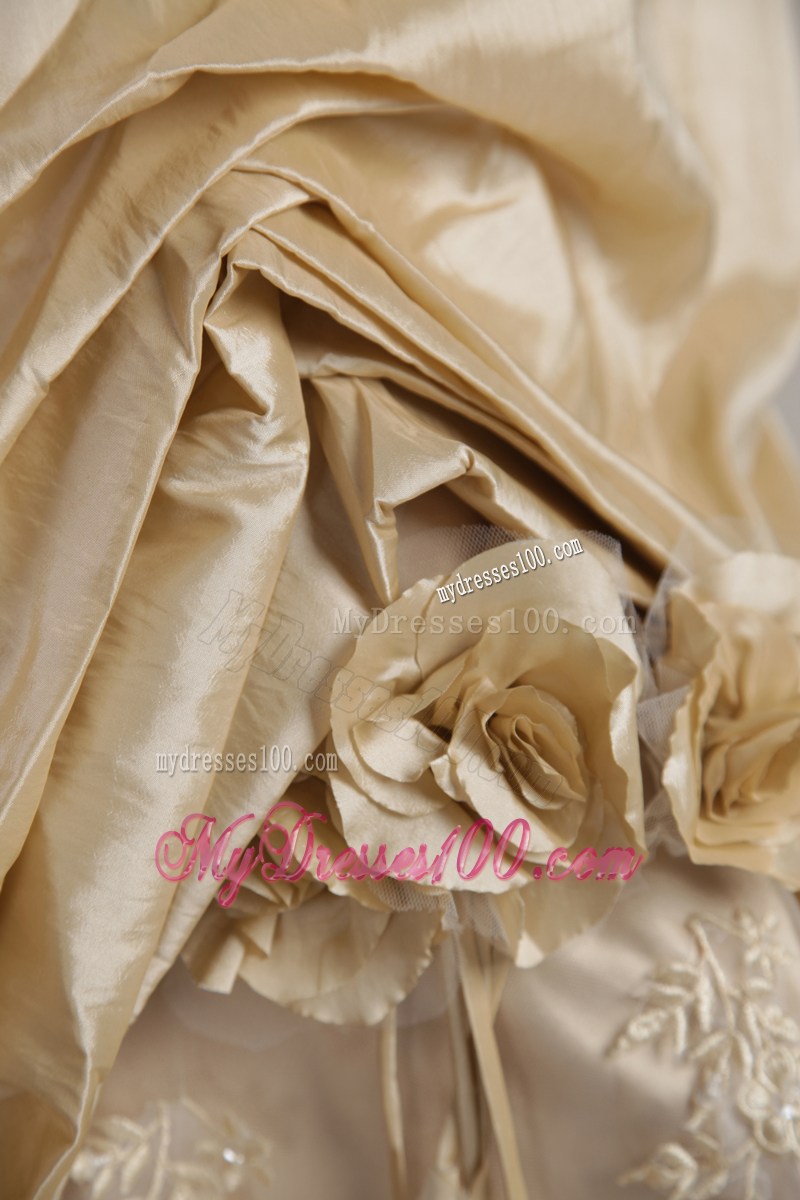 High-class Champagne Pick-ups Handmade Flowers Wedding Gown Lace Hem