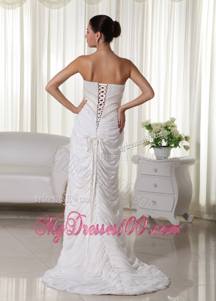 Beaded Bodice Sweep Train High Slit Wedding Dress with Small Pick-ups