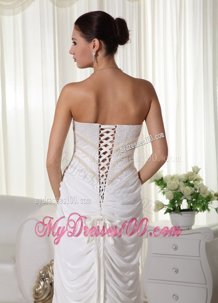 Beaded Bodice Sweep Train High Slit Wedding Dress with Small Pick-ups