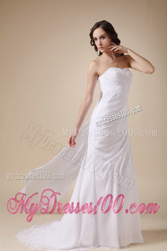 Ruched and Pleated White Chiffon Wedding Gown with Watteau Train