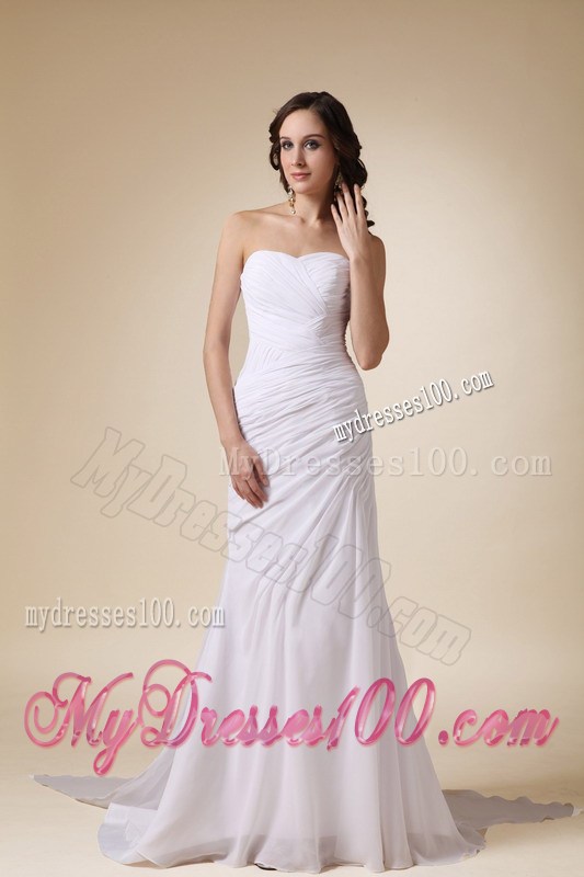 Ruched and Pleated White Chiffon Wedding Gown with Watteau Train