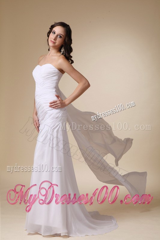 Ruched and Pleated White Chiffon Wedding Gown with Watteau Train