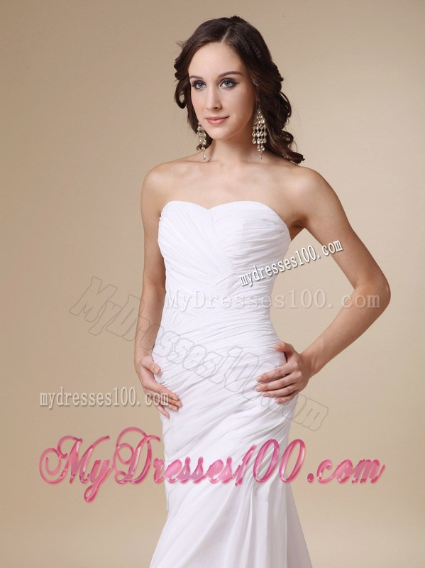 Ruched and Pleated White Chiffon Wedding Gown with Watteau Train