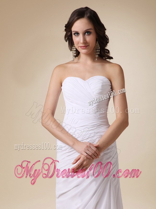 Ruched and Pleated White Chiffon Wedding Gown with Watteau Train