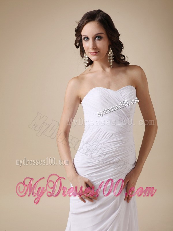 Ruched and Pleated White Chiffon Wedding Gown with Watteau Train