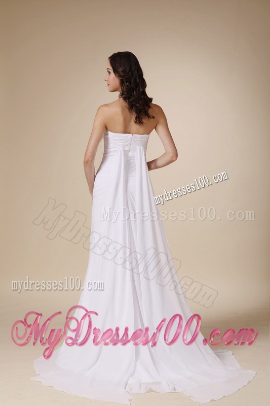 Ruched and Pleated White Chiffon Wedding Gown with Watteau Train