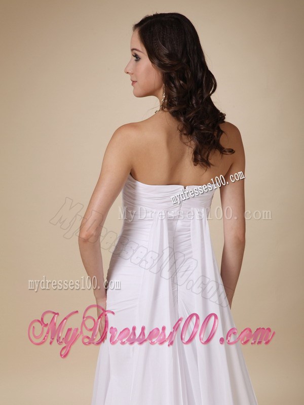Ruched and Pleated White Chiffon Wedding Gown with Watteau Train
