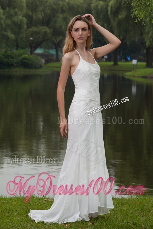 Beautiful Halter Top Sweep Train White Wedding Dress with Embroidery