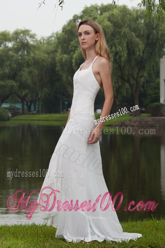 Beautiful Halter Top Sweep Train White Wedding Dress with Embroidery
