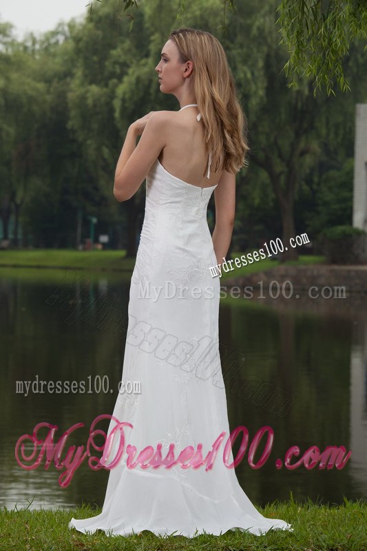 Beautiful Halter Top Sweep Train White Wedding Dress with Embroidery
