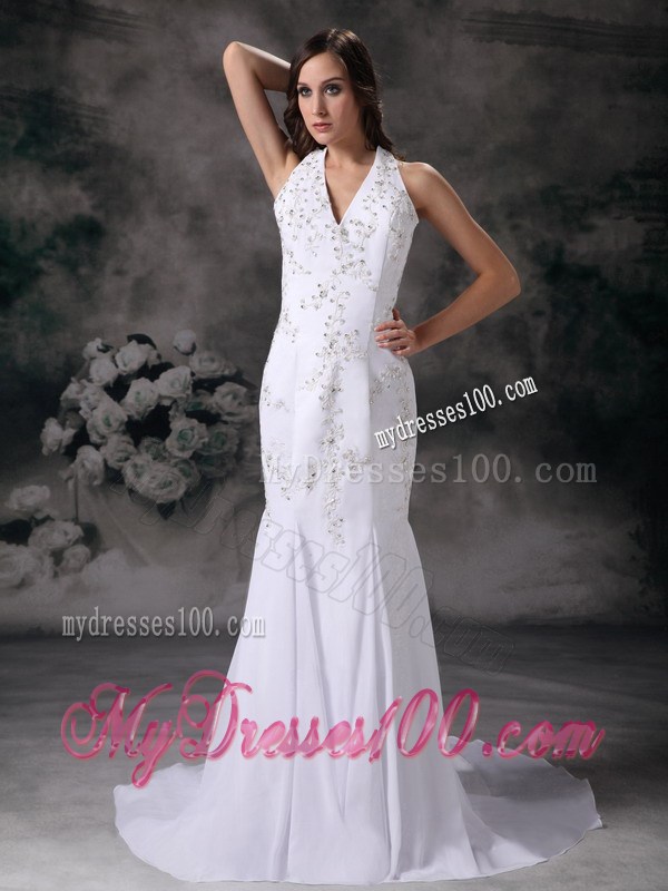 Halter Top Mermaid Beaded White Bridal Dress Court Train