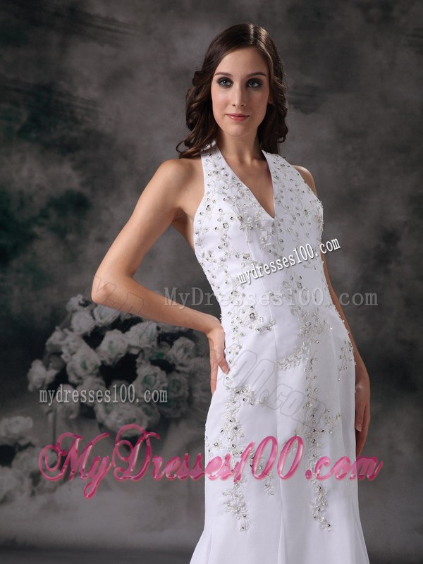 Halter Top Mermaid Beaded White Bridal Dress Court Train