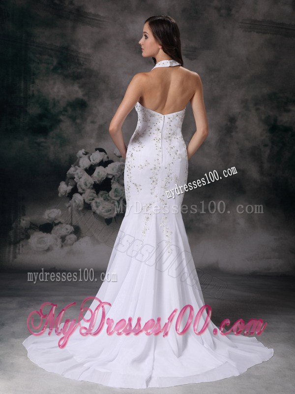 Halter Top Mermaid Beaded White Bridal Dress Court Train