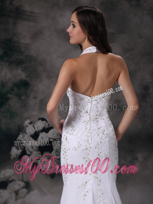 Halter Top Mermaid Beaded White Bridal Dress Court Train