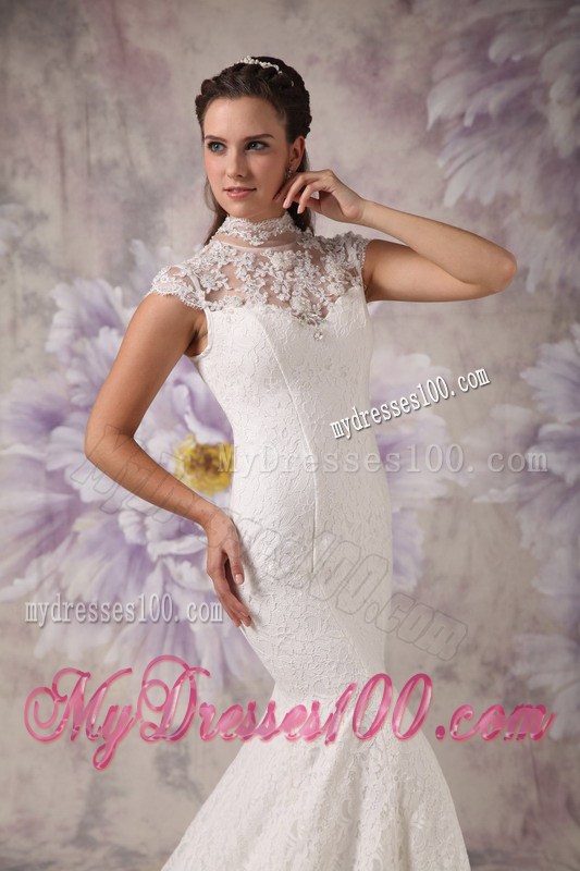 High-neck Mermaid Lace Court Train Beaded Dresses for Wedding 2013