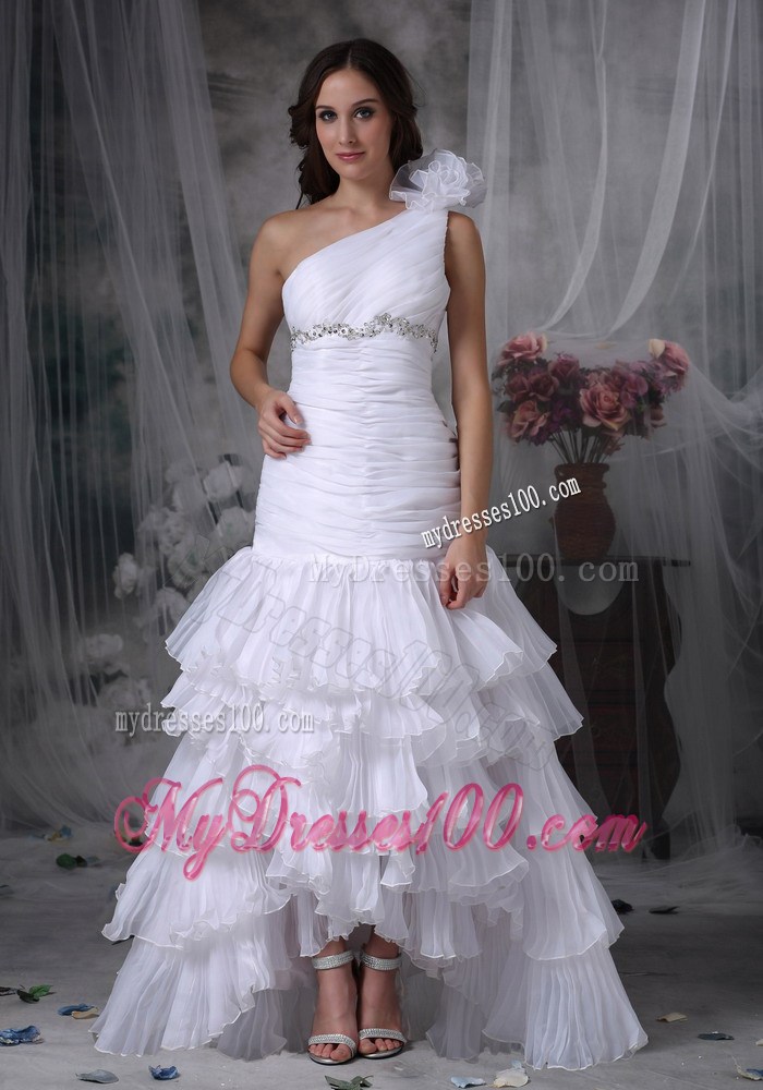 One Shoulder Ruffle Layers White Dress for Wedding with Beading and Ruche